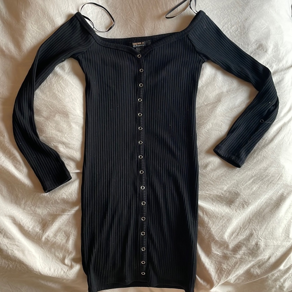 Forever 21 Contemporary Off-Shoulder Black Button Sweater Dress